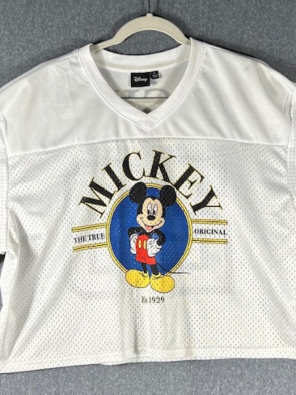 Disney Mickey Mouse Football Jersey Crop Top Womens Sz L White Mesh Oversized